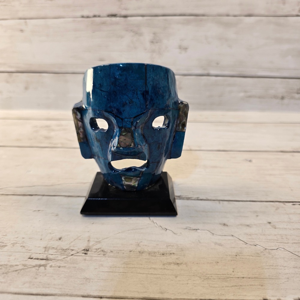 Mexican Turquoise Mosaic Mask Sculpture Abalone Inlay Mayan Aztec Folk Art 4in